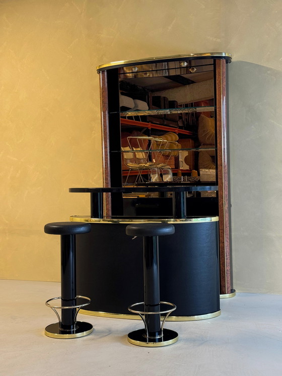Image 1 of Midcentury Black Lacquered and Burlwood Cocktail Bar