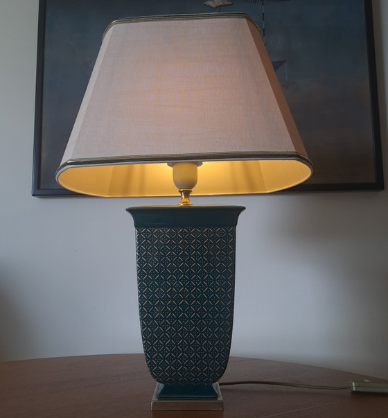 Viva Villa Pagoda Table Lamp 1970s – Teal Gold – French Hollywood Regency – Ceramic, Silk (photo 10 of 11)