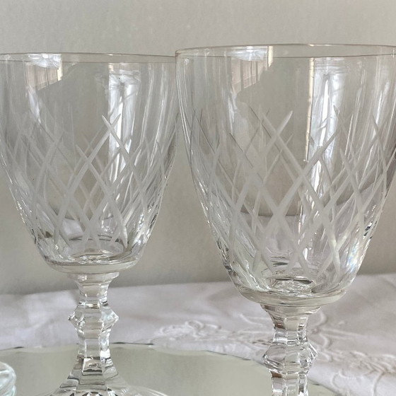 Image 1 of 6 Antique Engraved Glasses, Wine or Water Glasses