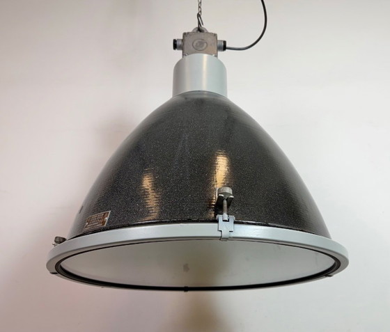 Image 1 of Large Industrial Black Enamel Factory Lamp with Glass Cover, 1960s