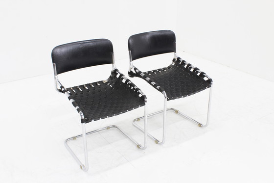 Image 1 of Vintage Italiaanse stoelen zwart leer en chroom, jaren 70