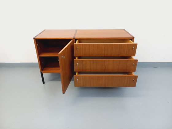 Image 1 of Vintage modernist sideboard by ARP Minvielle, designed by Guariche Mortier Motte, in teak and black metal, from the 1960s