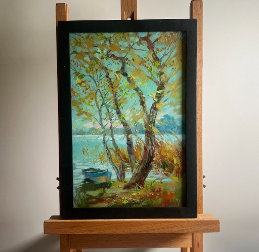 Peinture à l'huile originale représentant un paysage côtier d'automne par temps venteux au bord de la rivière
