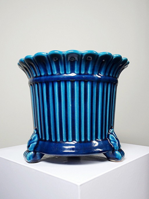 Vintage pot cover 60s-80s Charolles turquoise glazed earthenware
