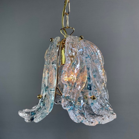 Image 1 of 1990s Murano glass pendant light three leaves with blue glass shards. New old stock. Never used.