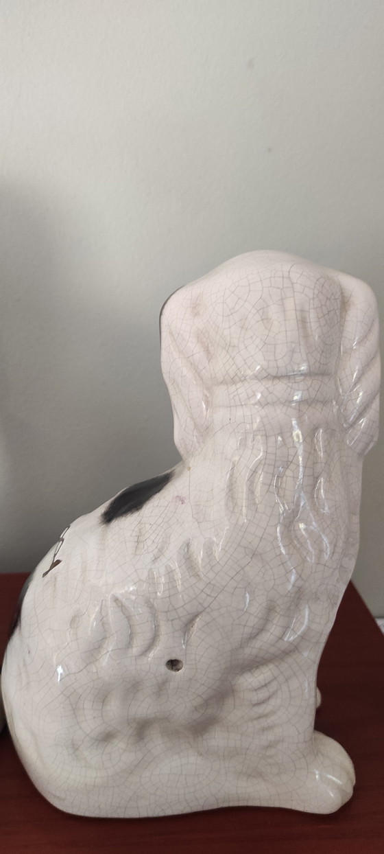 Image 1 of Chiens de cheminée style Staffordshire vintage (paire) – Céramique noire et blanche – 23 cm