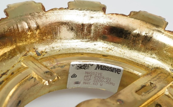 Image 1 of Plafondlamp uit het midden van de vorige eeuw, massief Belgisch getextureerd glas, verguld aluminium, jaren 70