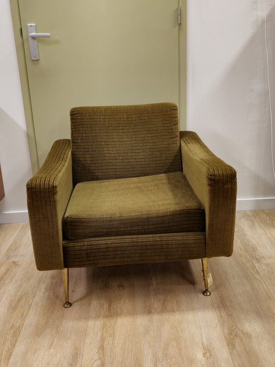 Image 1 of Fauteuil Vintage Chaise tissu nervuré vert laiton