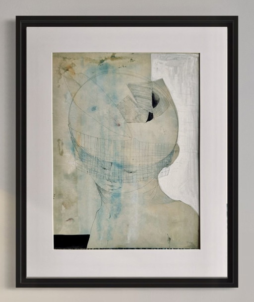 Robert Detheux - surrealist painting from 1960 - tribute to Magritte / framed