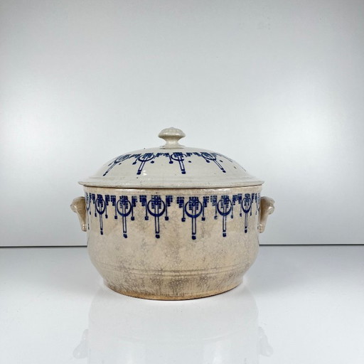 Antigua botella de agua caliente / cazuela de gres de Saint Uze, decoración azul, principios del siglo XX