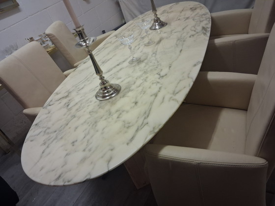 Image 1 of Museumstuk: Originele Mario Bellini "Il Colonnato" Marmeren Tafel XL + 4 Luxe Leren Stoelen (In Concoursstaat!)