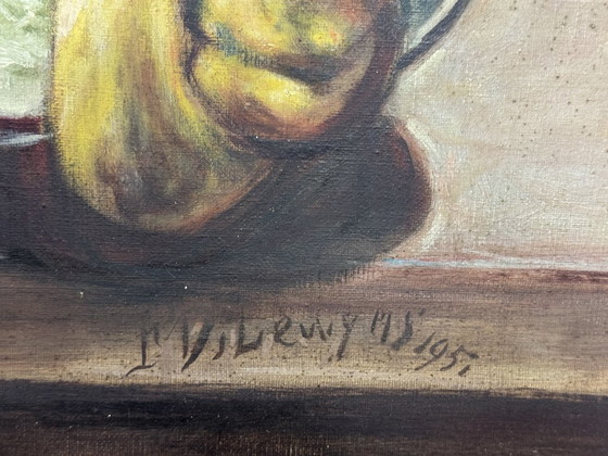 Image 1 of Naturaleza muerta con langosta y limón de R. Viliruvy, óleo sobre lienzo, Bélgica, 1951.