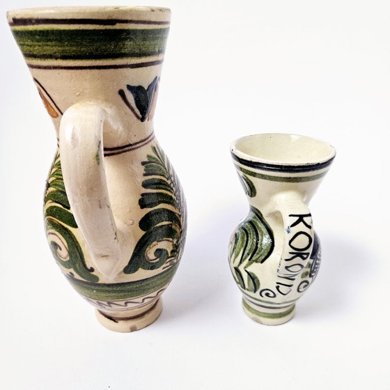 Image 1 of Transylvania Floral Ceramic Jugs Pitchers Vases |2 Pcs Set Vintage Traditional HandPainted Hungarian Folk Art Pottery | Korond 