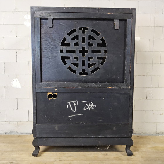 Image 1 of Vintage Chinese Cabinet Black with Hand-Painted Scenes / bohemian cabinet / Asian / Oriental cabinet