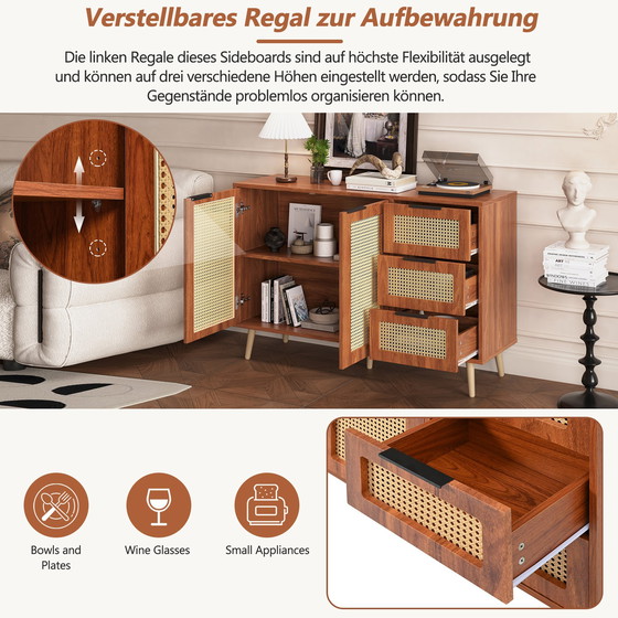 Image 1 of Urban Meuble vintage dressoir van rotan in walnoot houtlook met 2 deuren en 3 lades met zwarte handgrepen 120*38*78cm CRI