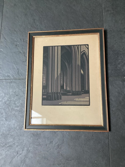 Gravure sur bois unique Antoon Herckenrath (1907-1977). Intérieur Cathédrale d'Anvers. Magnifiquement encadrée (83/100).