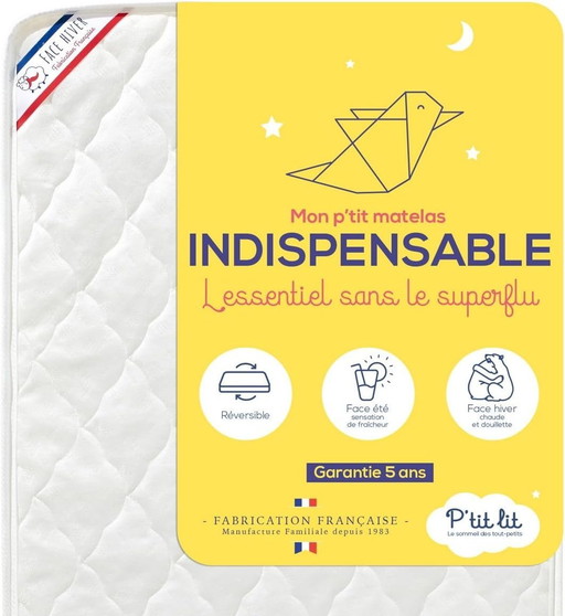P'tit Lit - Polyuréthane Matelas Bébé Indispensable - 60x120 cm - Climatisé : 1 face Été / 1 face Hiver - Oeko Tex - Fabrication