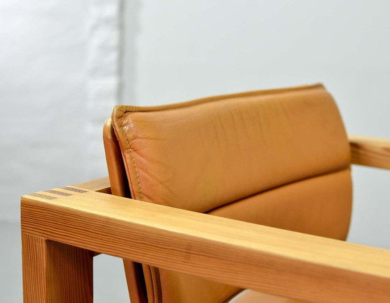 Image 1 of Brutalist Ate van Apeldoorn Dutch Design Cognac Leather Cubic Pinewood Side Chair for Houtwerk Hattem. The Netherlands, 1970s.