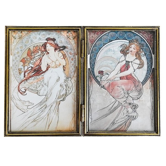 Image 1 of Dittico Art Nouveau vintage, dipinto di Alphonse Mucha, doppia cornice in metallo placcato oro, anni '80