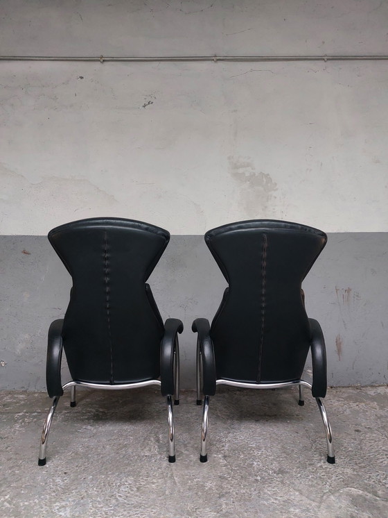 Image 1 of Black Leather Chrome Armchairs 80'