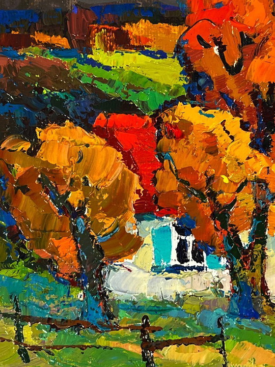 Image 1 of Original Oil Painting Countryside Landscape House Crimson Autumn in the Village