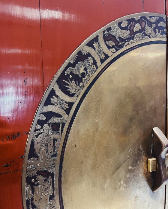 Image 1 of Antique red cabinet with brass details