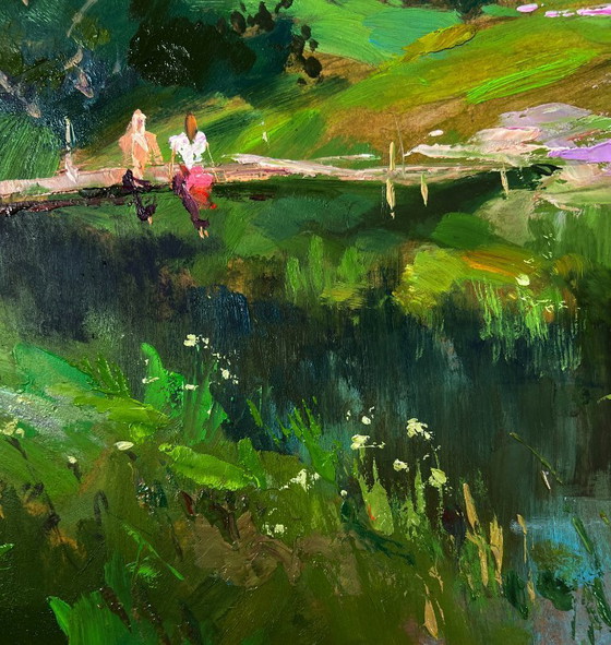 Image 1 of Original Oil Painting Summer Village Landscape Quiet Conversations of Girls