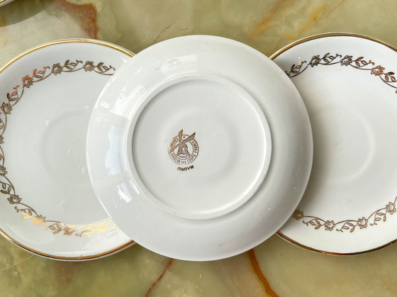 Image 1 of Set da tè/caffè vintage in porcellana bianca con motivo Madrid Moulin des Loups dorato