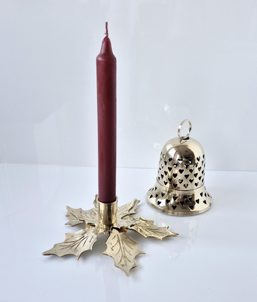 Portacandele vintage a forma di stella di Natale + lanterna, campana di Natale, ottone massiccio lucidato