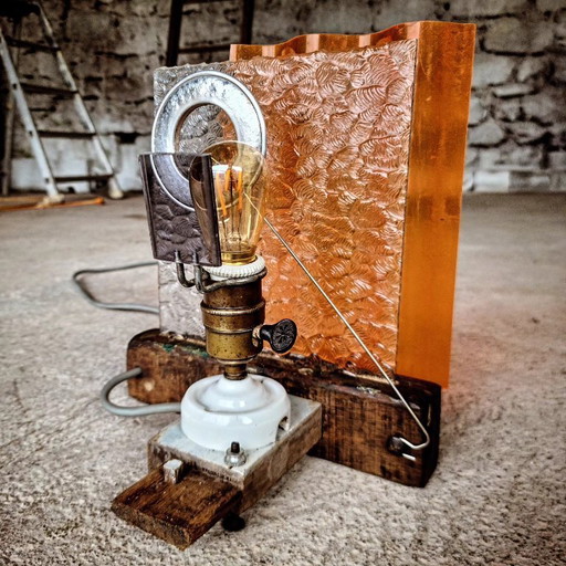 Upcycling lamp - porcelain and antique wood socket