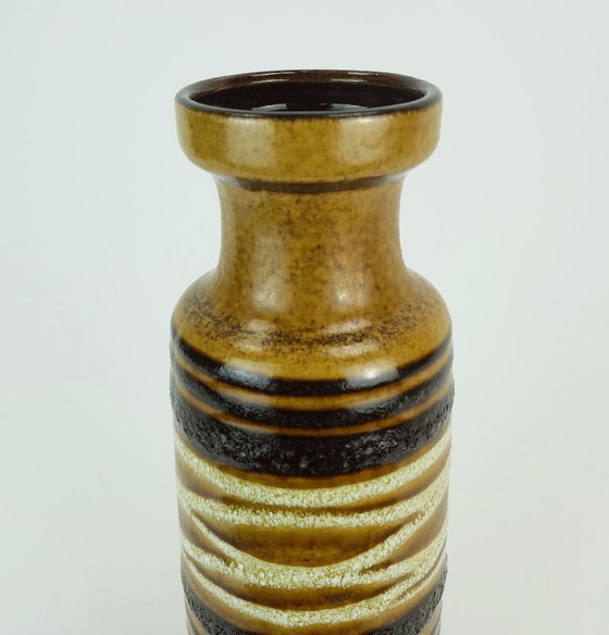 Image 1 of scheurich mid century VASE 1960s fat lava stripe decor ochre black white model no. 200-28
