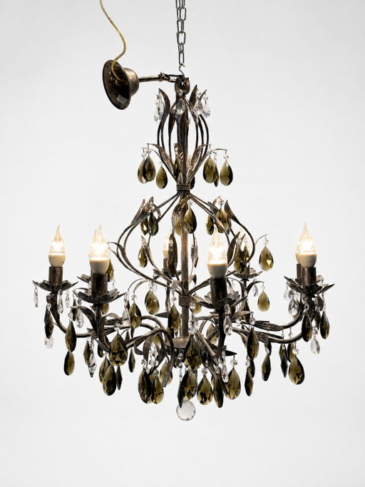 Lustre vintage en cristal avec pampilles en verre fumé – kroonluchters