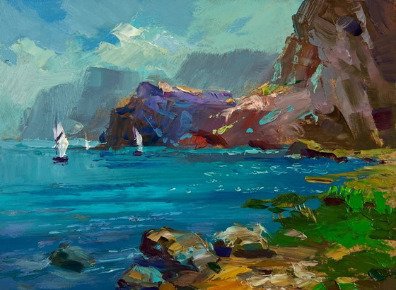 Image 1 of Original Oil Painting Coastal Rock Landscape Sailboats on the sea
