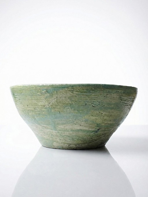 Vintage handmade ceramic bowl, 20th-19th century, celadon green, blue-green, Wabi-Sabi