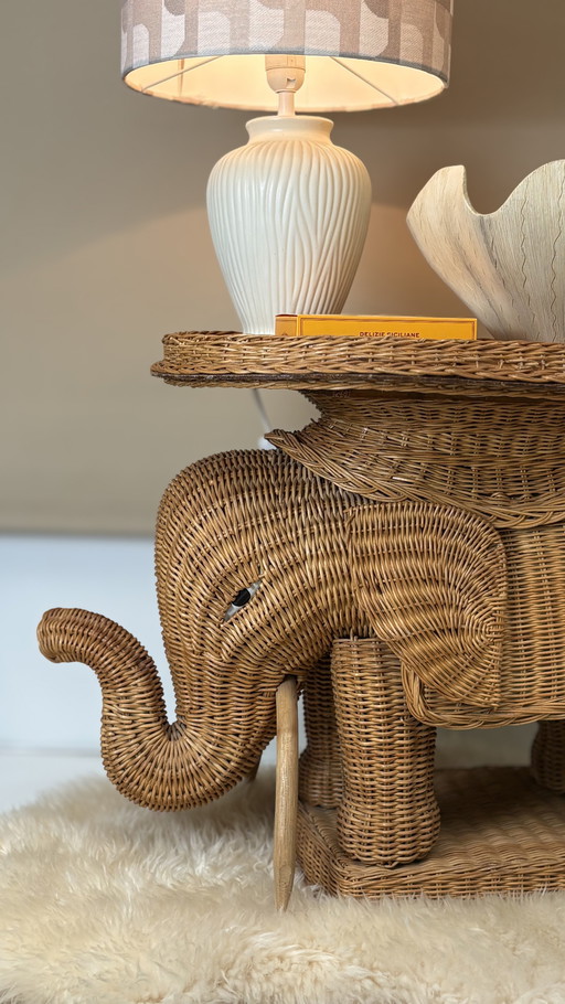 Original vintage rattan elephant plant/side table tray