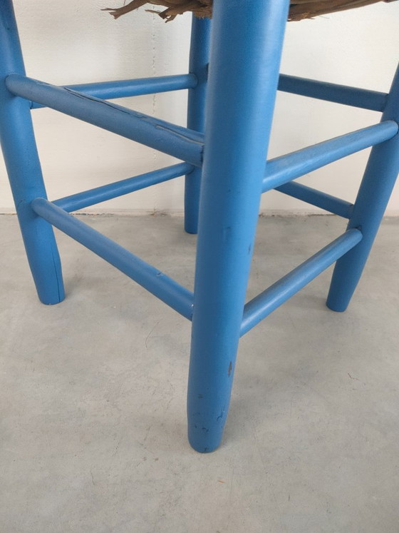 Tabouret en bois bleu avec assise tressée, Rotin, Rustic (photo 6 sur 7)