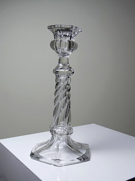 Image 1 of Antique twisted molded glass candlestick, circa 1930-1950