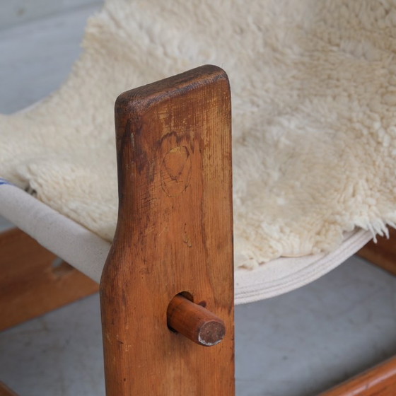 Image 1 of Poltrona a fionda spagnola in legno e tela della metà del secolo scorso