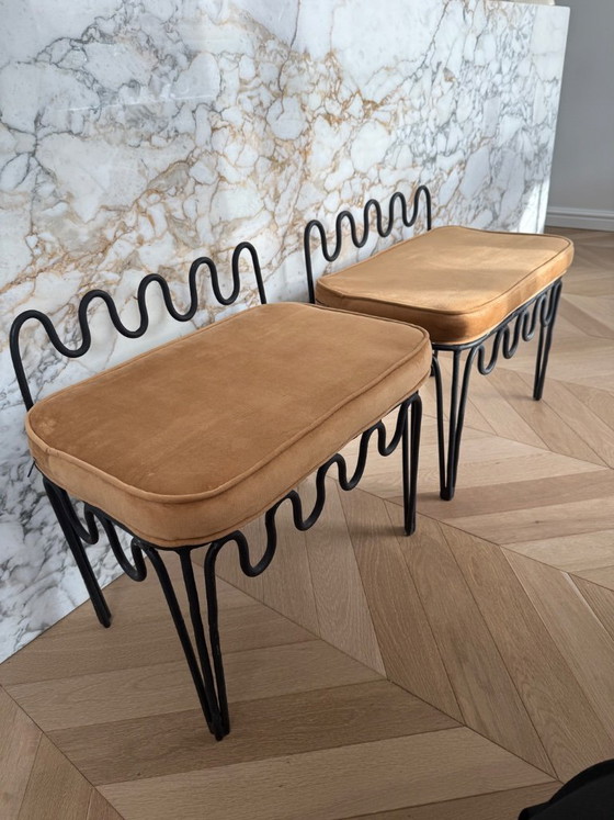 Two stools with black metal frame and ochre velvet seat, Design (photo 6 of 6)