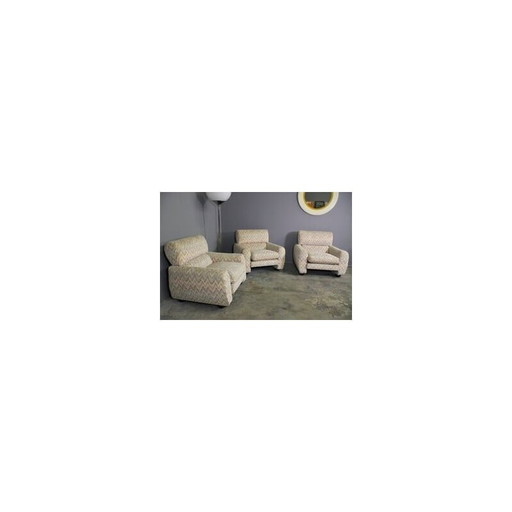 Set van 3 vintage houten en stoffen fauteuils, jaren 70