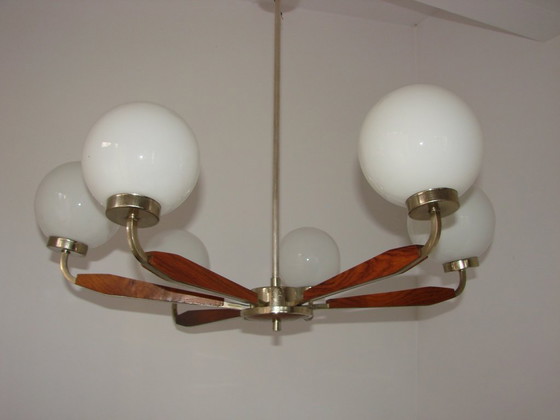 Image 1 of Modern chandelier from the 1970s – metal, teak wood and glass, 6xE14