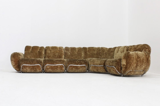 Vintage Italiaanse modulaire elementen bank  sofa 1970s, Hoekbanken, Fluweel, Metaal, Bruin (foto 5 van 12)
