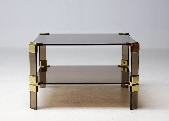 Image 1 of HOLLYWOOD REGENCY BRASS & SMOKED GLASS COFFEE TABLE CHIC TWO TIER END TABLE