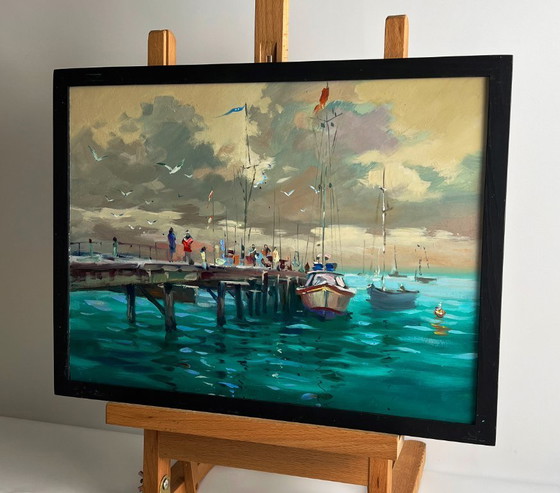 Image 1 of Peinture à l'huile originale représentant un paysage marin avec des yachts et des bateaux au quai