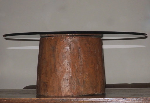 Antique Hand Carved Mortar Coffee Table with Circular Glass Top