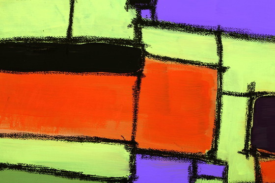 Image 1 of Modern abstract green, yellow, purple and orange mixed media painting