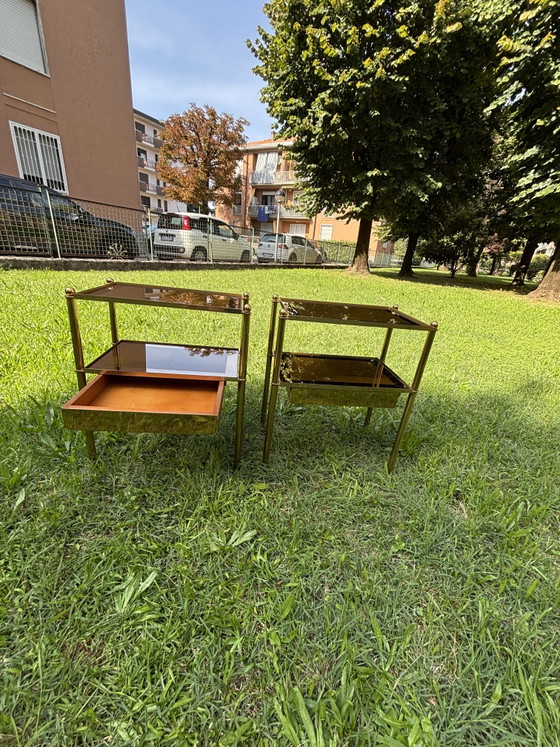 Pair of Italian Brass & Smoked Glass Bedside Tables with Drawers – 1970s – Comodini, Wood (photo 8 of 15)