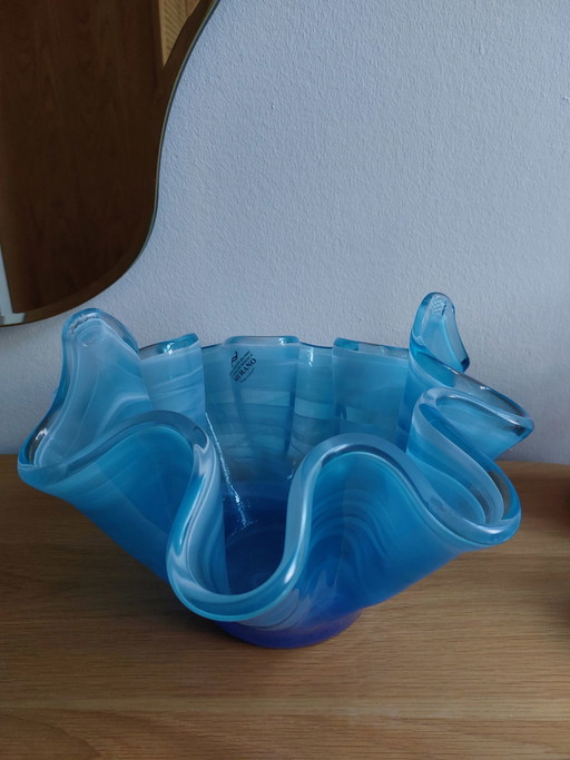 Murano Glass Bowl Blue Flower Wave