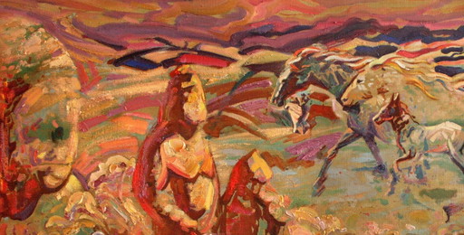 Origineel olieverfschilderij: Landschapssymboliek, Paarden in de steppe – schilderijen tekeningen, Canvas (photo 2 of 5)