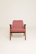 Fauteuil lounge style rétro, revêtement en laine rose indienne, remis à neuf